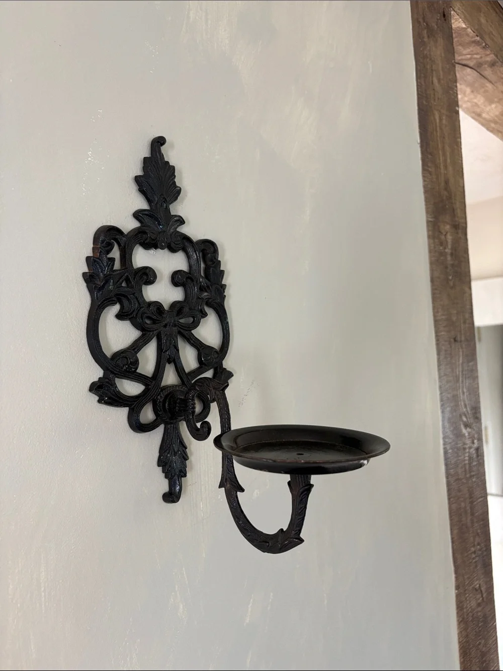Vintage Ornate Black Cast Iron Wall Candle Sconce – Ribbon Bow & Scrollwork Leaf
